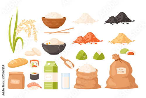  Rice cereal spikelets icon set.  Vector cartoon collection of organic rice products: flour, sushi, mochi, noodles, bread, chips, zongzi, rice bags and milk. Rice plantation. Agricultural product.