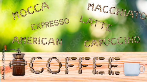 Menu of words made from coffee beans on a beautiful background of boards and trees
