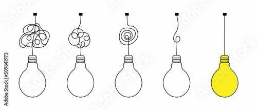 Steps from a complex problem to a simple business solution. Chaotic lines and doodles turn into a light bulb