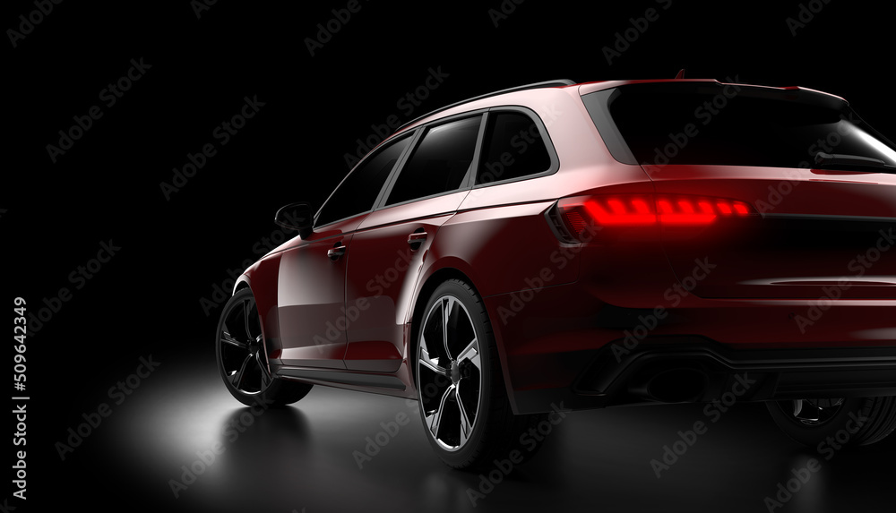 Back view of a red generic and unbranded car. 3D illustration
