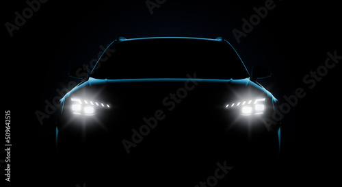 Front view with headlights of a generic and unbranded car. 3D illustration photo