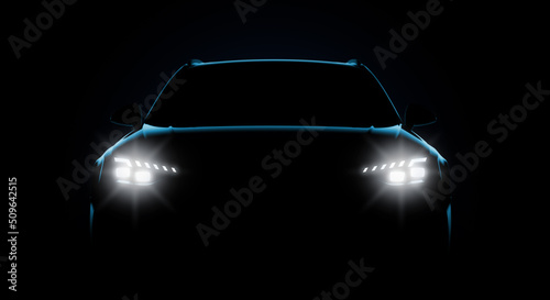 Front view with headlights of a generic and unbranded car. 3D illustration