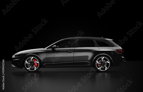Lateral view of a black generic and unbranded car. 3D illustration