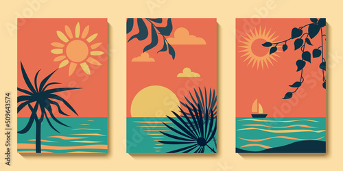 Set of summer abstract modern landscape poster, sea background. Sunset beach, palms, ocean. Contemporary aesthetic wall art poster collection. Vector minimalist illustrations