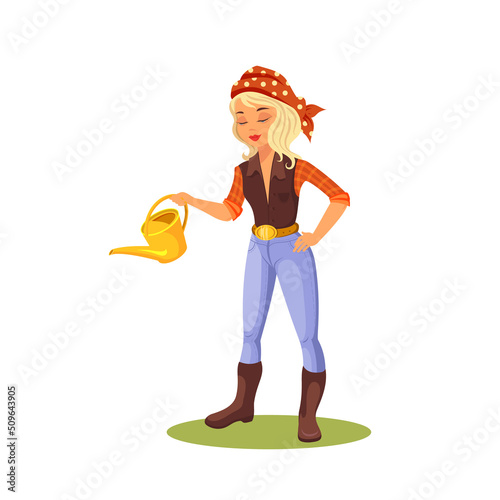 Gardener woman with watering can, vector banner
