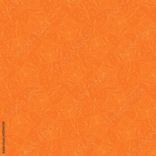 Indian seamless floral pattern flowers on orange background. Print, vector illustration