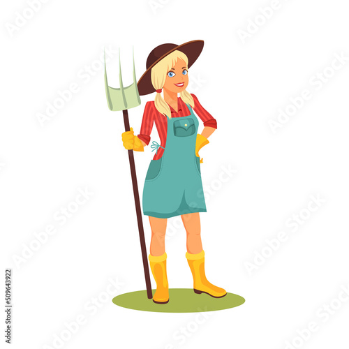 Farmer woman with pitchfork, banner or clipart.