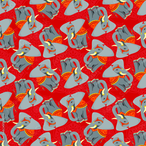 Indian seamless pattern with elephant on red background. Print, vector illustration