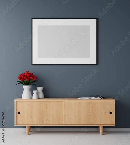 Blank picture frame mockup in modern interior living room, minimal style. 3D rener illustration.