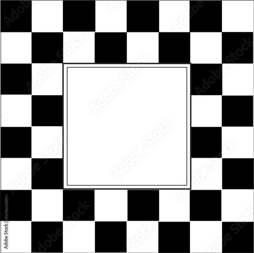 Graphic black and white checkered background with white square center ready for text.