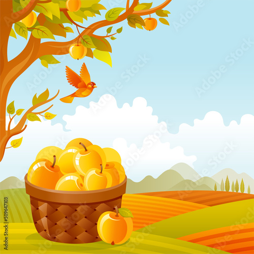 Apple basket in orchard. Fruit farm vector. Apple picking in fall garden vector. Cartoon agriculture harvest landscape with autumn tree and basket. Vintage summer or fall landscape illustration art