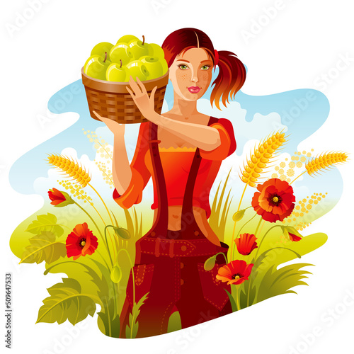 Farmer girl with apple basket. Orchard fruit farm vector. Apple picking in fall garden vector. Cartoon agriculture harvest landscape. Autumn or fall landscape with farmer woman