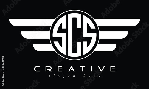 SCS three letter initial letter logo in circle with wings vector template. photo