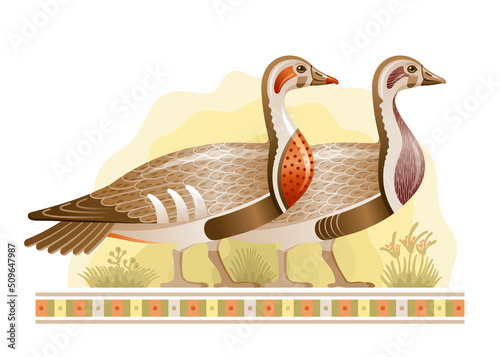 Egyptian bird vector. Geese from Egypt. Pharaoh goose art. Wild duck illustration. Cartoon god Geb mythology symbol. Ancient vintage animal. Old symbol icon. Mallard wildfowl vector art. Meidum geese