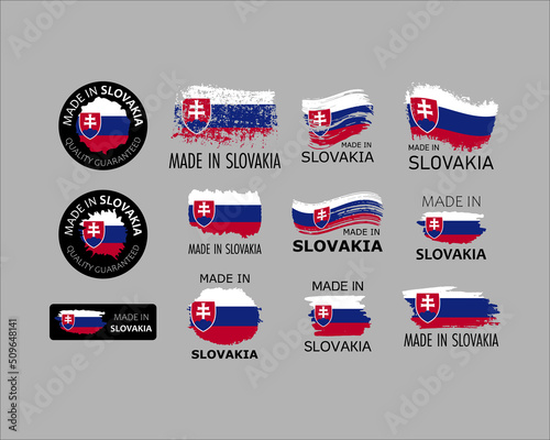 Set of stickers. Made in Slovakia. Brush strokes shaped with Slovakian flag. Factory, manufacturing and production country concept. Design element for label and packaging. Vector illustration.