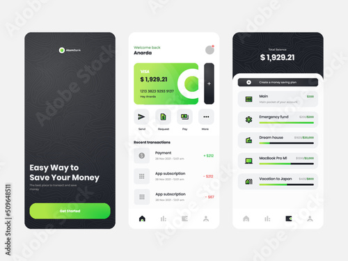 Digital Mobile Banking and e-Wallet Finance Mobile Application UI Kit, designed for seamless financial transactions and efficient money management. Clean and intuitive interface.