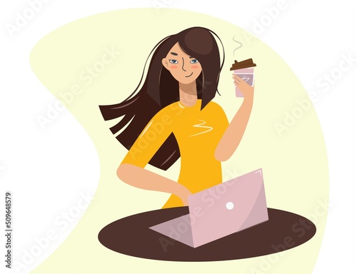 Business woman drinks coffee from a plastic cup while working. Stylish lady and laptop. The girl pauses, recuperates during the break. Work, study, rest. Freelance. Vector isolated in flat style.
