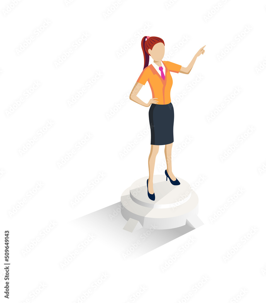 Isometric character of businesswoman stylish in a yellow and black suit office wear, woman showing something with her hand, isolated on white.