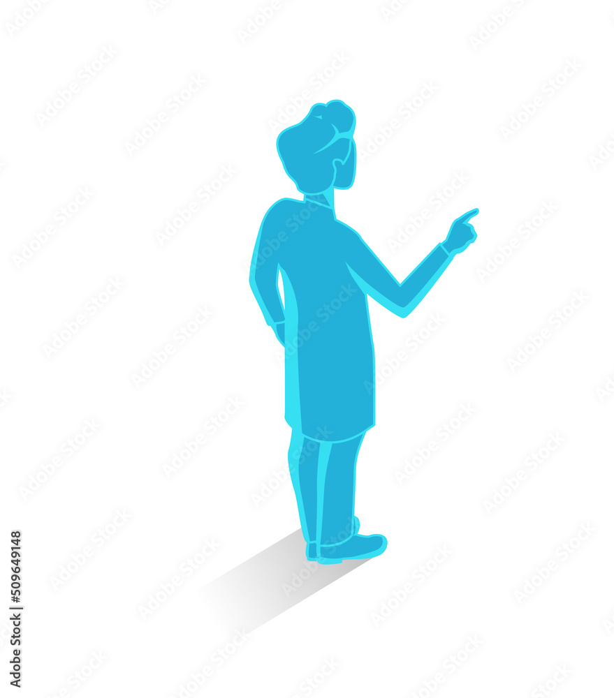 Isometric character of businessman in a blue suit office, showing something.  Isolated on white.