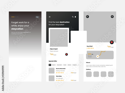 Staycation and Vacation Travel Booking Mobile Application UI Kit Template, tailored to simplify travel planning for users to plan and book their perfect getaways..
