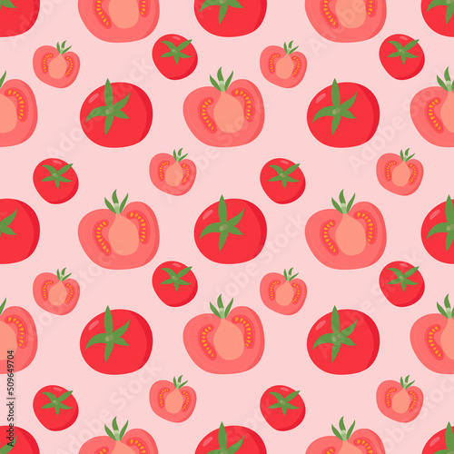Bright pattern with red tomatoes. For fabrics, wrapping paper in restaurants. Salad ingredients. Vector.