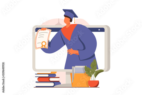 Distant learning web concept in flat design. Man student received diploma certificate and graduates from university or college. Online education and e-learning. Illustration with people scene
