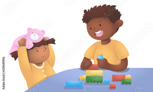 Cute brothers playing and laughing, vector illustration