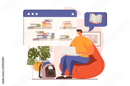 Distant learning web concept in flat design. Man reading book, making homework with textbooks and studies on laptop at home. Online education and e-learning. Illustration with people scene