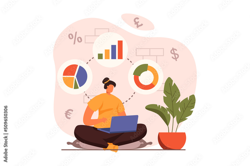 Financial analysis web concept in flat design. Woman making marketing research or report with data analysis, works at laptop. Audit, investment and accounting. Illustration with people scene Financial analysis web concept in flat design. Woman making marketing research or report with data analysis, works at laptop. Audit, investment and accounting. Illustration with people scene