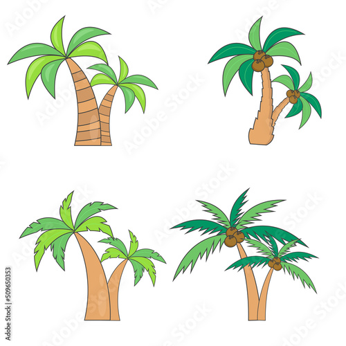 Set of different paired palm trees with coconuts. Vector illustration. Isolated on white background.