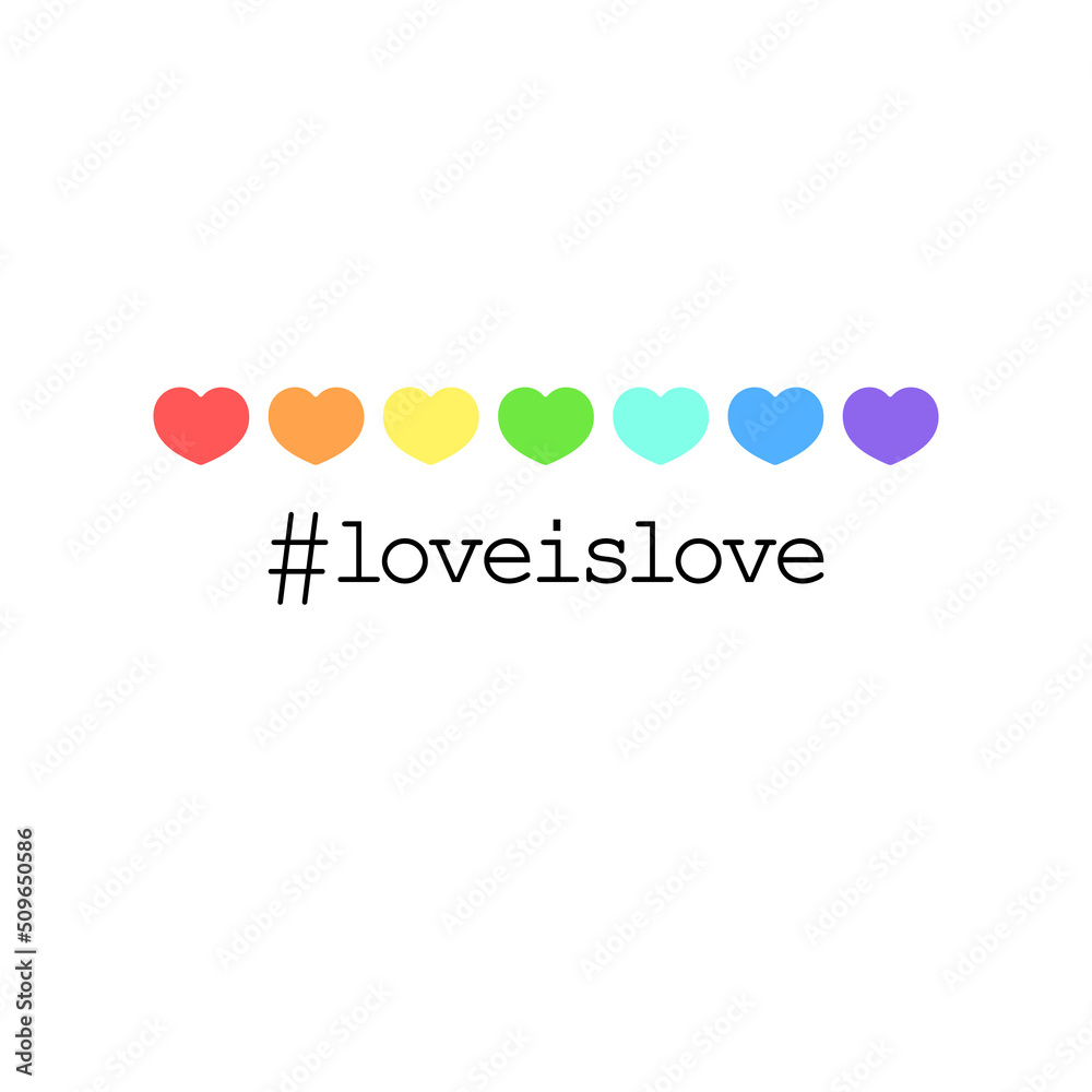 Love is love. Rainbow colored hearts and lettering. Colors of the LGBT community. Isolated elements on white background. Best for print, posters, cards, stickers and web design.