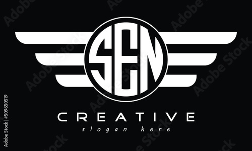 SEN three letter initial letter logo in circle with wings vector template.