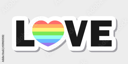 Love lettering sticker. Rainbow colored heart. Colors of the LGBT community. Isolated element on white background. Best for prints, posters, cards, stickers and web design.