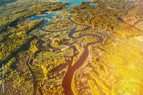 Fototapet Aerial View Green Forest Woods And River Landscape In Sunny Spring Summer Day