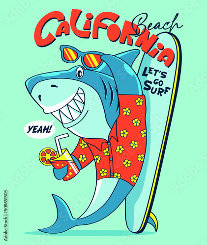 Shark surfer cartoon mascot illustration vector print for Boys Kidswear