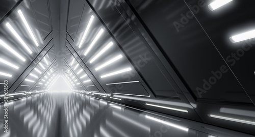 Fototapeta Naklejka Na Ścianę i Meble -  Futuristic Cyber Tunnel, Sci Fi Dark Lights corridor interior design. Triangle Metal Structures Future concept design. 3D Rendering
