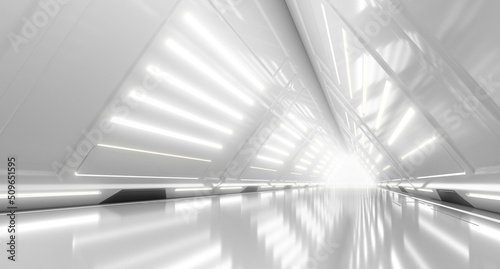 Abstract Futuristic corridor interior design with lights. Triangle Spaceship Tunnel Future concept. 3D Rendering