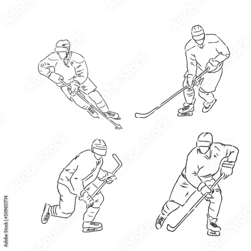 Vector engraved style illustration for posters, decoration and print. Hand drawn sketch of hockey player in black isolated on white background. Detailed vintage etching style drawing.