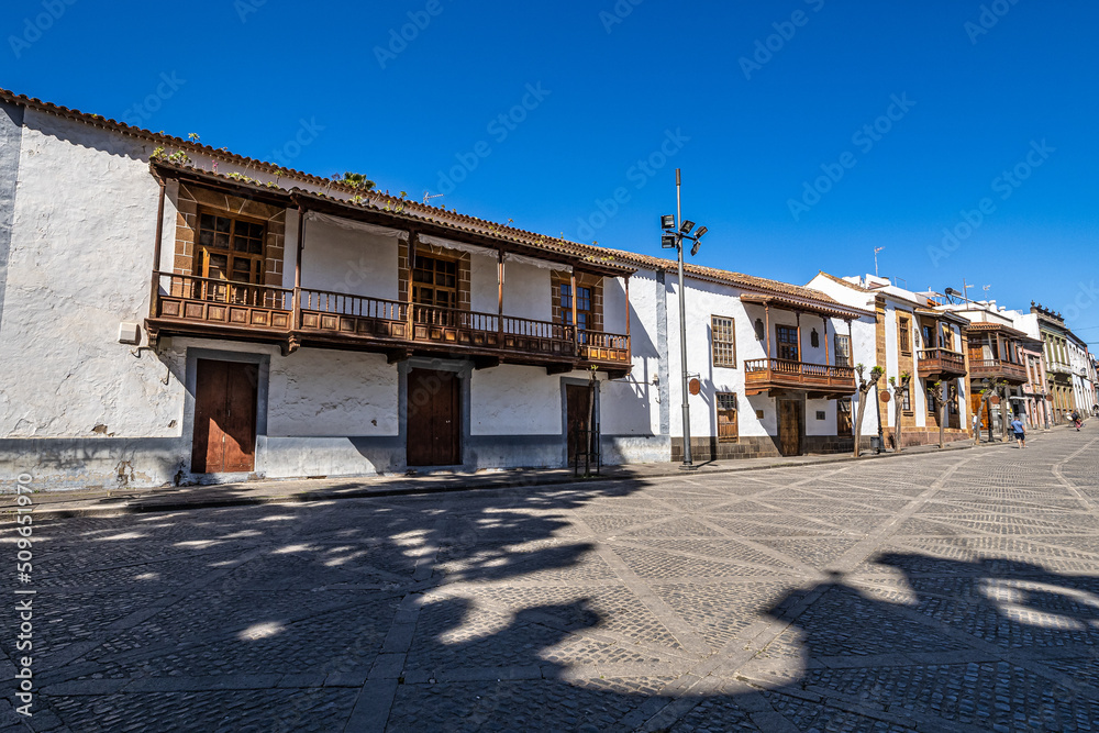 Teror at Gran Canaria, Spain. A beautiful traditional town with colorful houses with wooden balconies