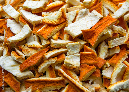 close up of dried orange peel food background