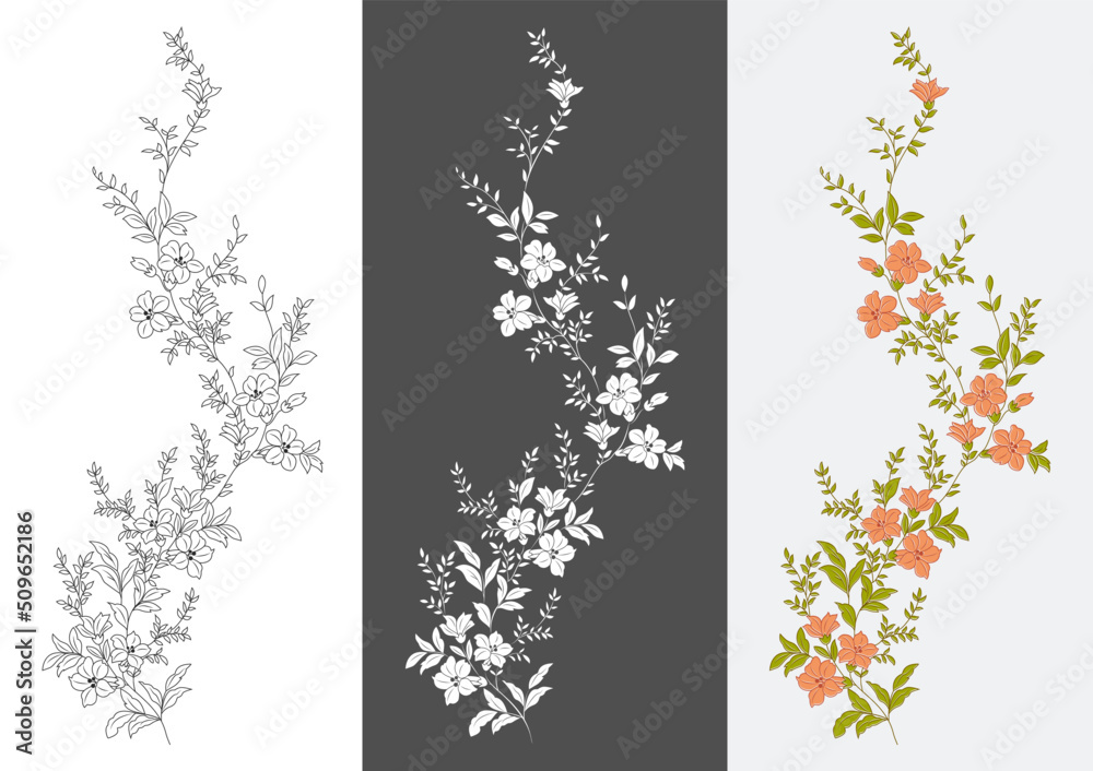 Set of floral patterns. Colorfull flowers vector design.  Black and white.  - obrazy, fototapety, plakaty 