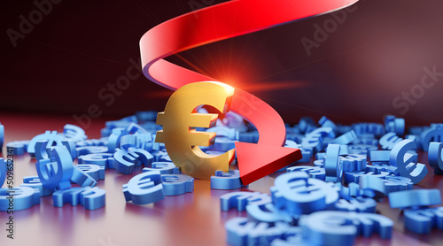Slika na platnu Economic crisis, recession or inflation European Union symbol with downward spiral development arrow