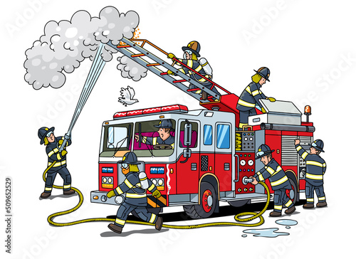 Papier peint Firefighters near a fire truck extinguish the fire