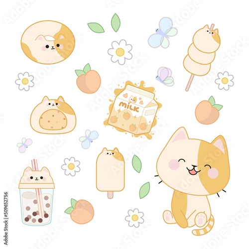 Set of cute cat in kawaii style and different desserts, drinks, peaches, flowers, leaves and butterflies.