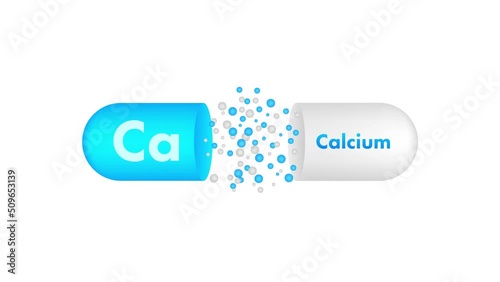 Blue calcium on white background. Calcium mineral. Ca pill capsule. Motion graphics 4k