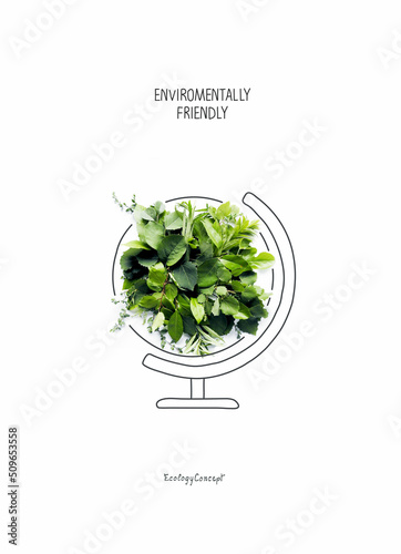 Environmentally friendly planet Concept. Earth day. Planet earth, made from green leaves and grass with sketch of globe. Earth day. Save the planet.Think Green. 