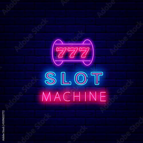 Slot machine neon sign. Casino concept. Jackpot with seven numbers. Gambling. Vector stock illustration