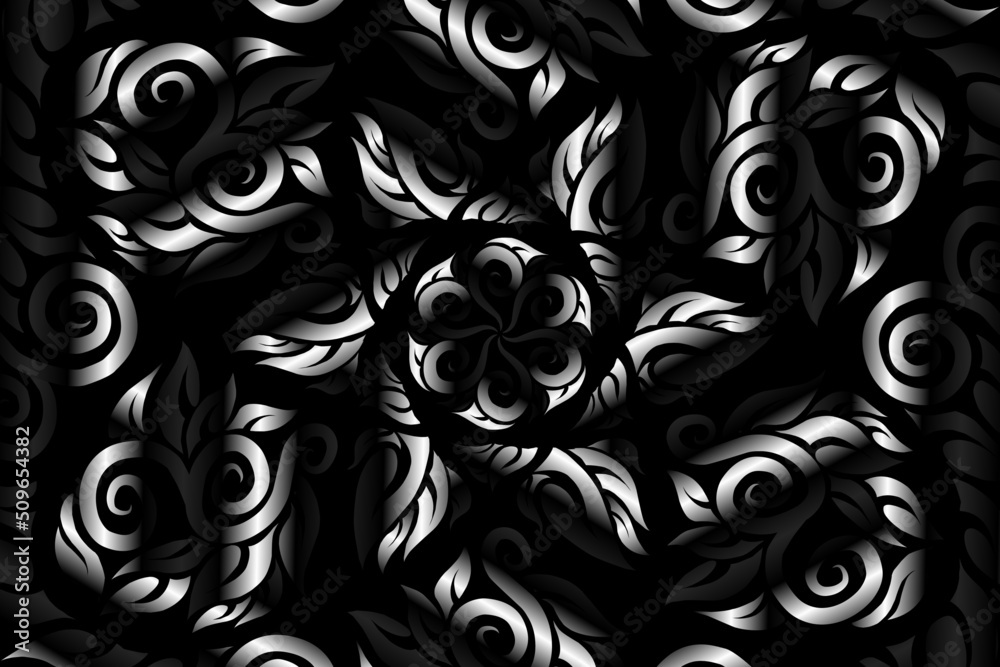 Black and white caleidoscope gradient flower art pattern of indonesian culture traditional tenun batik ethnic dayak ornament for wallpaper ads background Black and white caleidoscope gradient flower art pattern of indonesian culture traditional tenun batik ethnic dayak ornament for wallpaper ads background