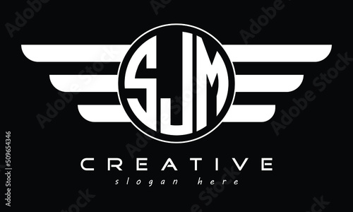 SJM three letter initial letter logo in circle with wings vector template. photo