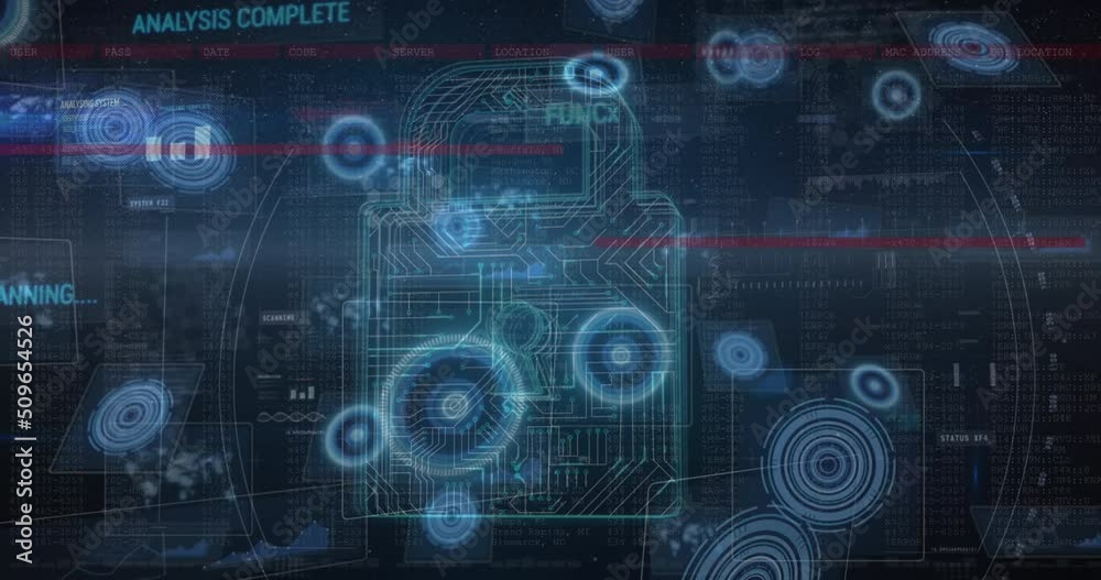 Animation of digital interface with security padlock over dark background Animation of digital interface with security padlock over dark background